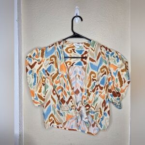 Allison New York Blouse Croo Top Front Tie Knot Abstract Print Women Medium